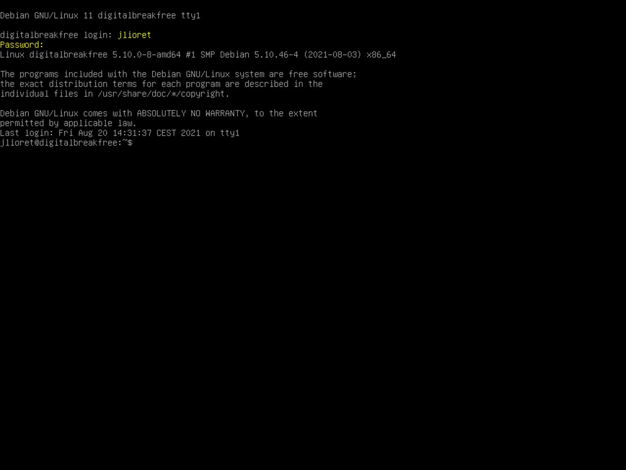 Mein erster Linux-Laptop - Angemeldet in der neuen Debian-Installation als Standard-Benutzername Jerome Lioret jlioret